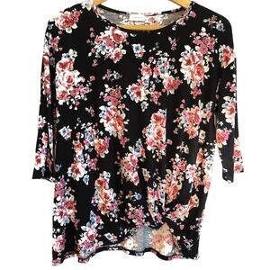 Luxe black 1/2 sleeve tee pink floral top front twist lightweight casual Size S